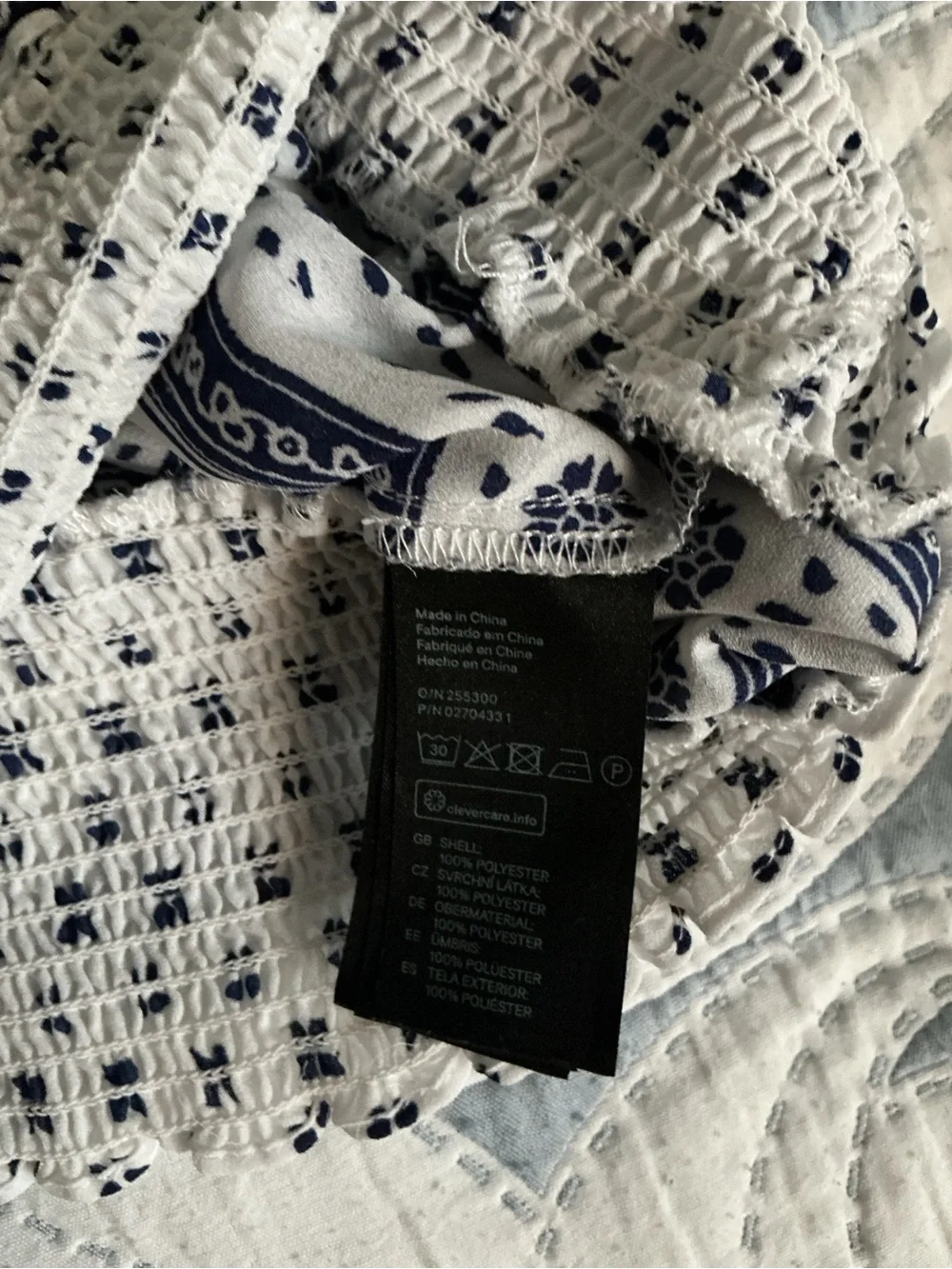 H&M White and Blue Printed Peasant Blouse
